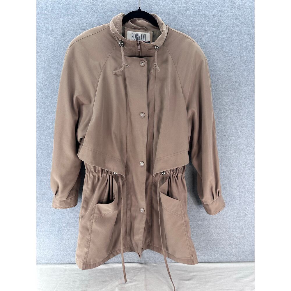 VTG Forrani Women's sz M Khaki Sport Coat Mid Trench Jacket Drawstring Waist 90s